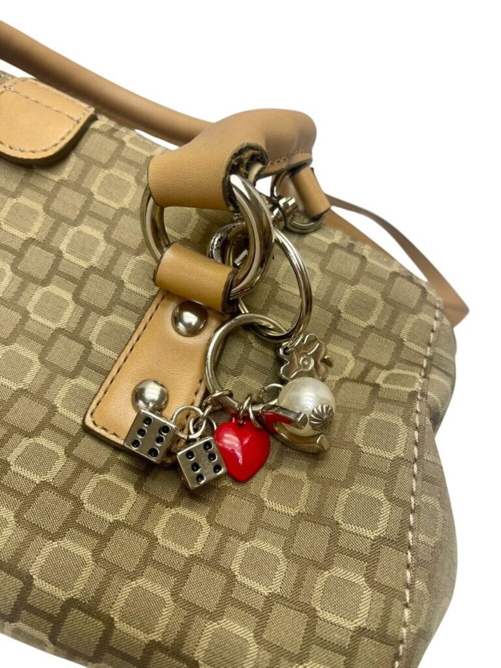Nine West Beige Jacquard Satchel Bag Shoulder Purse & Wallet Set Charm Keychain - Picture 9 of 11
